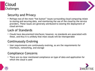 Cloud
Challenges
Security and Privacy
Lack of Standards
Continuously Evolving
Compliance Concerns
●
Perhaps two of the more “hot button” issues surrounding cloud computing relate
to storing and securing data, and monitoring the use of the cloud by the service
providers. These issues are generally attributed to slowing the deployment of
cloud services
●
Clouds have documented interfaces; however, no standards are associated with
these, and thus it is unlikely that most clouds will be interoperable
●
User requirements are continuously evolving, as are the requirements for
interfaces, networking, and storage
●
There are no clear mentioned compliance on type of data and application for
which the cloud is used
 