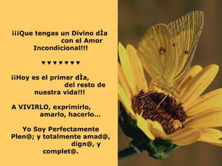 ¡¡¡Que tengas un Divino día  con el Amor Incondicional!!!    ♥ ♥ ♥ ♥ ♥ ♥ ♥ ¡¡Hoy es el primer día,  del resto de nuestra vida!!!  A VIVIRLO, exprimirlo,  amarlo, hacerlo…  Yo Soy Perfectamente Plen@; y totalmente amad@,  dign@, y complet@. 