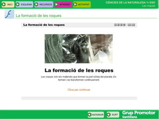 CIÈNCIES DE LA NATURALESA 1r ESO
Les roques
INICI ESQUEMA RECURSOS INTERNET ACTIVITAT
ANTERIOR SURT
La formació de les roques
 
