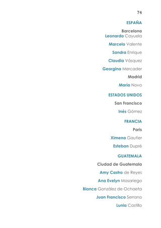 74
ESPAÑA
Barcelona
Leonardo Cayuela
Marcelo Valente
Sandra Enrique
Claudia Vásquez
Georgina Mercader
Madrid
María Novo
ESTADOS UNIDOS
San Francisco
Inés Gómez
FRANCIA
Paris
Ximena Gautier
Esteban Dupré
GUATEMALA
Ciudad de Guatemala
Amy Castro de Reyes
Ana Evelyn Masariego
Blanca González de Ochaeta
Juan Francisco Serrano
Lunia Castillo
 