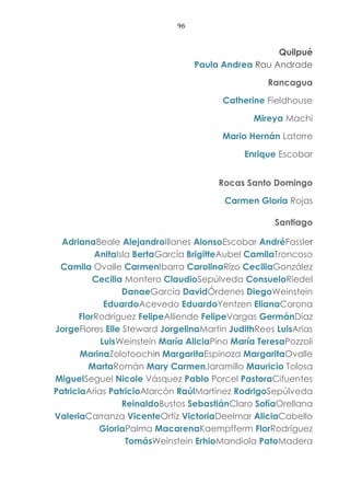 96
Quilpué
Paula Andrea Rau Andrade
Rancagua
Catherine Fieldhouse
Mireya Machi
Mario Hernán Latorre
Enrique Escobar
Rocas Santo Domingo
Carmen Gloria Rojas
Santiago
AdrianaBeale AlejandroIllanes AlonsoEscobar AndréFassler
AnitaIsla BertaGarcía BrigitteAubel CamilaTroncoso
Camila Ovalle CarmenIbarra CarolinaRizo CeciliaGonzález
Cecilia Montero ClaudioSepúlveda ConsueloRiedel
DanaeGarcía DavidÓrdenes DiegoWeinstein
EduardoAcevedo EduardoYentzen ElianaCorona
FlorRodríguez FelipeAlliende FelipeVargas GermánDíaz
JorgeFlores Elle Steward JorgelinaMartin JudithRees LuisArias
LuisWeinstein María AliciaPino María TeresaPozzoli
MarinaZolotoochin MargaritaEspinoza MargaritaOvalle
MartaRomán Mary CarmenJaramillo Mauricio Tolosa
MiguelSeguel Nicole Vásquez Pablo Porcel PastoraCifuentes
PatriciaArias PatricioAlarcón RaúlMartínez RodrigoSepúlveda
ReinaldoBustos SebastiánClaro SofíaOrellana
ValeriaCarranza VicenteOrtíz VictoriaDeelmar AliciaCabello
GloriaPalma MacarenaKaempfferm FlorRodríguez
TomásWeinstein ErhioMandiola PatoMadera
 
