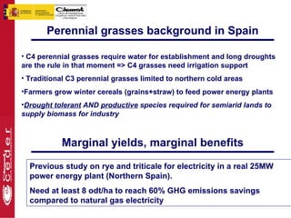 Perennial grasses background in Spain

• C4 perennial grasses require water for establishment and long droughts
are the rule in that moment => C4 grasses need irrigation support
• Traditional C3 perennial grasses limited to northern cold areas
•Farmers grow winter cereals (grains+straw) to feed power energy plants
•Drought tolerant AND productive species required for semiarid lands to
supply biomass for industry



           Marginal yields, marginal benefits
  Previous study on rye and triticale for electricity in a real 25MW
  power energy plant (Northern Spain).
  Need at least 8 odt/ha to reach 60% GHG emissions savings
  compared to natural gas electricity
 