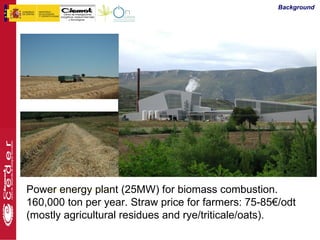 Background




Power energy plant (25MW) for biomass combustion.
    Demonstration plot (2 ha)

160,000 ton per year. Straw price for farmers: 75-85€/odt
(mostly agricultural residues and rye/triticale/oats).
 