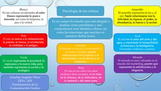 Psicología de los colores
Es un campo de estudio que está dirigido a
analizar cómo percibimos y nos
comportamos ante distintos colores, así
como las emociones que suscitan en
nosotros dichos tonos.
Blanco
En las culturas occidentales el color
blanco representa lo puro e
inocente, así como la limpieza, la
paz y la virtud.
Azul
El azul es el color del cielo y del
agua, y representa la tranquilidad,
la frescura y la inteligencia.
Transmite confianza y pureza.
Rojo
El rojo se asocia a la estimulación,
la pasión, la fuerza, la revolución,
la virilidad y el peligro.
Amarrillo
El amarillo representa la luz y el
oro. Suele relacionarse con la
felicidad, la riqueza, el poder, la
abundancia, la fuerza y la acción.
Naranja
El naranja se asocia al entusiasmo y
la acción. También puede
relacionarse con la lujuria y la
sensualidad, con lo divino y la
exaltación.
Morado
El morado es muy valorado en el
mundo del marketing, puesto que
representa la sofisticación y la
elegancia.
Verde
El verde representa la juventud, la
esperanza y la nueva vida, pero
también representa la acción y lo
ecológico
Rosa
El rosa es un color con unos
atributos bien acotados: es el color
de la dulzura, de la delicadeza, de
la amistad y del amor puro.
Ariadna Angeles Pérez
DDA –105
Fundamentos de la
Comunicación Grafica
 