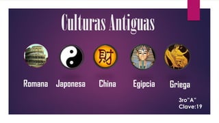CulturasAntiguas
3ro”A”
Clave:19
Romana Japonesa China Egipcia Griega
 