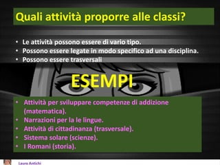 Quali attività proporre alle classi?
• Le attività possono essere di vario tipo.
• Possono essere legate in modo specifico ad una disciplina.
• Possono essere trasversali
ESEMPI
• Attività per sviluppare competenze di addizione
(matematica).
• Narrazioni per la le lingue.
• Attività di cittadinanza (trasversale).
• Sistema solare (scienze).
• I Romani (storia).
 
