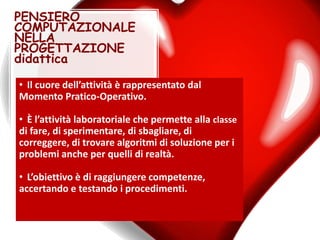 PENSIERO
COMPUTAZIONALE
NELLA
PROGETTAZIONE
didattica
• Il cuore dell’attività è rappresentato dal
Momento Pratico-Operativo.
• È l’attività laboratoriale che permette alla classe
di fare, di sperimentare, di sbagliare, di
correggere, di trovare algoritmi di soluzione per i
problemi anche per quelli di realtà.
• L’obiettivo è di raggiungere competenze,
accertando e testando i procedimenti.
 