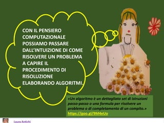 CON IL PENSIERO
COMPUTAZIONALE
POSSIAMO PASSARE
DALL’INTUIZIONE DI COME
RISOLVERE UN PROBLEMA
A CAPIRE IL
PROCEDIMENTO DI
RISOLUZIONE
ELABORANDO ALGORITMI.
«Un algoritmo è un dettagliato set di istruzioni
passo-passo o una formula per risolvere un
problema o di completamento di un compito.»
https://goo.gl/9M4eUo
 