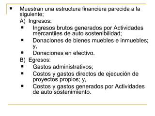    Muestran una estructura financiera parecida a la 
    siguiente;
    A)  Ingresos:
         Ingresos brutos generados por Actividades 
          mercantiles de auto sostenibilidad;
         Donaciones de bienes muebles e inmuebles; 
          y,
         Donaciones en efectivo.
    B)  Egresos:
         Gastos administrativos;
         Costos y gastos directos de ejecución de 
          proyectos propios; y,
         Costos y gastos generados por Actividades 
          de auto sostenimiento. 
 