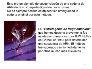 127
La “Estratagema de fragmentación”
que hemos descrito brevemente fue
usada por primera vez por R.W. Holley
en Cornell en 1965 para determinar
una secuencia de ARN. El método
fue superado casi inmediatamente
por otros mucho más eficientes.
Esto era un ejemplo de secuenciación de una cadena de
ARN dada su completa digestión por enzimas.
No es siempre posible establecer sin ambigüedad la
cadena original por este método.
 