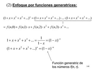140
(2) Enfoque por funciones generatrices:
...)3,()2,()1,()0,(
...)1(......)1(...)1(
32
323232
+⋅+⋅+⋅+=
++++⋅⋅++++=++++
xnfxnfxnfnf
xxxxxxxxx
n
n
  
Función generatriz de
los números f(n, r).
nn
xxxx
x
x
xxx
−
−
−=++++
−=
−
=++++
)1(...)1(
)1(
1
1
...1
32
132
 