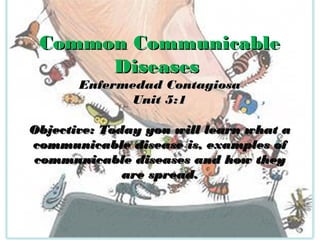 Common Communicable
Diseases
Enfermedad Contagiosa
Unit 5:1

Objective: Today you will learn what a
communicable disease is, examples of
communicable diseases and how they
are spread.
QuickTime™ and a
TIFF (Uncompressed) decompressor
are needed to see this picture.

 