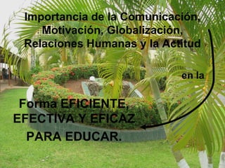 Importancia de la Comunicación,
Motivación, Globalización,
Relaciones Humanas y la Actitud
Forma EFICIENTE,
EFECTIVA Y EFICAZ
PARA EDUCAR.
en la
 