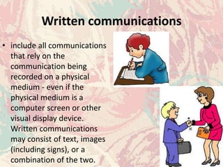 Written communications
• include all communications
that rely on the
communication being
recorded on a physical
medium - even if the
physical medium is a
computer screen or other
visual display device.
Written communications
may consist of text, images
(including signs), or a
combination of the two.
 