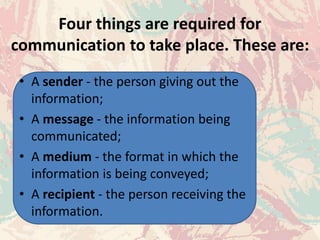 Four things are required for
communication to take place. These are:
• A sender - the person giving out the
information;
• A message - the information being
communicated;
• A medium - the format in which the
information is being conveyed;
• A recipient - the person receiving the
information.
 