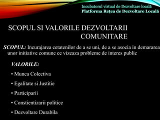 SCOPUL SI VALORILE DEZVOLTARII
COMUNITARE
SCOPUL: Incurajarea cetatenilor de a se uni, de a se asocia in demararea
unor initiative comune ce vizeaza probleme de interes public
VALORILE:
• Munca Colectiva
• Egalitate si Justitie
• Participarii
• Constientizarii politice
• Dezvoltare Durabila
 