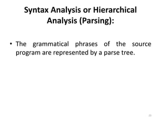 Syntax Analysis or Hierarchical 
Analysis (Parsing): 
• The grammatical phrases of the source 
program are represented by a parse tree. 
23 
 
