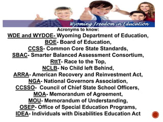 Acronyms to know:

WDE and WYDOE- Wyoming Department of Education,
BOE- Board of Education,
CCSS- Common Core State Standards,
SBAC- Smarter Balanced Assessment Consortium,
RttT- Race to the Top,
NCLB- No Child left Behind,
ARRA- American Recovery and Reinvestment Act,
NGA- National Governors Association,
CCSSO- Council of Chief State School Officers,
MOA- Memorandum of Agreement,
MOU- Memorandum of Understanding,
OSEP- Office of Special Education Programs,
IDEA- Individuals with Disabilities Education Act

 