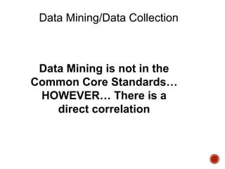 Data Mining/Data Collection

Data Mining is not in the
Common Core Standards…
HOWEVER… There is a
direct correlation

 
