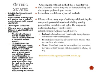 GETTING
STARTED
•
•

•
•



Join HSLDA (Home School

Legal Defense)
Figure out the learning style

and method that is best for
your individual children and
your family
Choose your curriculum
Write and send in your Letter
of Intent to your local Board
of Trustees
•
A Letter of withdrawal
may be needed if your
child is currently enrolled
in the public school
system.
•
DO NOT fill out any
paperwork given to you
by the school or school
district Your written
Letter of intent and the
letter of withdrawal if
your child(ren) is/are
currently enrolled in
public school is all they
need. Never give them
more information than
they ask for, by learning
the state law you will
know what you are
required to answer and
what you are not. Ask an





 