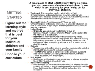 GETTING
STARTED
•

•

Figure out the
learning style
and method
that is best
for your
individual
children and
your family
Choose your
curriculum

A great place to start is Cathy Duffy Reviews. There
you can compare and contrast curriculum, to see
which is best not only for your family, but for
individual children.


Traditional: The curriculum you find with traditional (both
Christian/religious and secular) is more likely to be aligned with
Common Core. If this is a concern of yours, be sure to call the publisher
and ask where they stand concerning Common Core.



Classical (includes Principle Approach) There are both
Christian/religious and secular approaches to Classical education, be
sure to know which is right for you and really research the curriculum
you are looking into.
Living Books



Charlotte Mason allows you to foster a love of
learning, through reading. Charlotte Mason can be catered to
the interests of the children.
 Robinson is more structured and is also reading based
(specifically historical books: biographies and historical fiction)
with a heavy emphasis on math, and writing. Science in the
early years takes a unit study approach, and is based on the
child‟s interests.
Eclectic
 You can mix and match, piecing together curriculum to suite the
individuality and learning styles of each child.
 The McGuffey series is considered to be Eclectic, but could
also be considered Classical (just more modern, in that is
1800‟s education, not middle ages)








Unit Studies
 Unit Studies and Lapbooking are a great way to educate according
to a child‟s interests in a hands on way.
Relaxed/Unschooling
 Unschooling is not the absence of education, it is allowing the child
to take the initiative to learn through the world around them, and the
things that interest them. Children will learn when they are
interested.

 