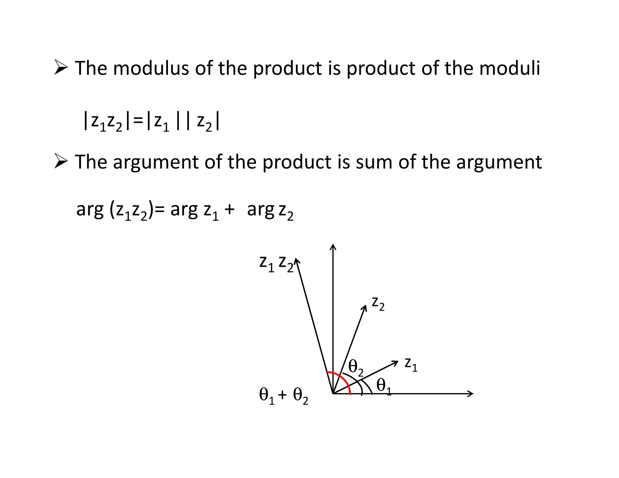 The modulus of the product is product of the moduli
The argument of the product is sum of the argument
|z1z2|=|z1 || z2|
arg (z1z2)= arg z1 + argz2
z1
z2
θ1 + θ2
θ2
θ1
z1 z2
 