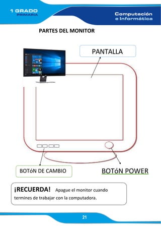 21
PARTES DEL MONITOR
BOTóN POWER
PANTALLA
¡RECUERDA! Apague el monitor cuando
termines de trabajar con la computadora.
BOTóN DE CAMBIO
 
