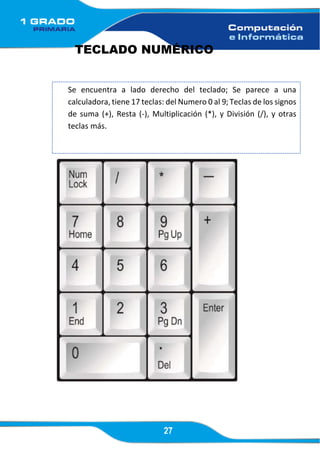 27
TECLADO NUMÉRICO
Se encuentra a lado derecho del teclado; Se parece a una
calculadora, tiene 17 teclas: del Numero 0 al 9; Teclas de los signos
de suma (+), Resta (-), Multiplicación (*), y División (/), y otras
teclas más.
 