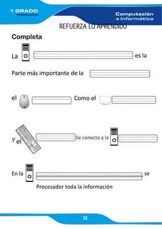 35
el
REFUERZA LO APRENDIDO
Completa
La es la
Parte más importante de la
el Como el
Y Se conecta a la
En la se
Procesador toda la información
 