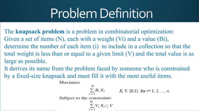 Knapsack problem solved by Genetic Algorithms | PPTX