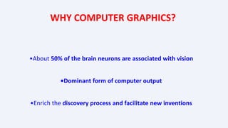 WHY COMPUTER GRAPHICS?
•About 50% of the brain neurons are associated with vision
•Dominant form of computer output
•Enrich the discovery process and facilitate new inventions
 
