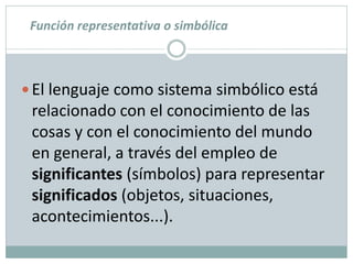 Función representativa o simbólica



 El lenguaje como sistema simbólico está
 relacionado con el conocimiento de las
 cosas y con el conocimiento del mundo
 en general, a través del empleo de
 significantes (símbolos) para representar
 significados (objetos, situaciones,
 acontecimientos...).
 