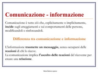 Comunicazione - informazione   Comunicazione è tutto ciò che, esplicitamente o implicitamente,  incide  sugli atteggiamenti e sui comportamenti delle persone, modificandoli o rinforzandoli. Differenza tra comunicazione e informazione L'informazione  trasmette un messaggio , senza occuparsi delle  reazioni  di chi lo riceve. La comunicazione implica  l'ascolto delle reazioni  del ricevente per creare una  relazione . 
