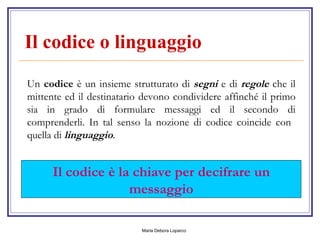 Il codice o linguaggio     Un  codice  è un insieme strutturato di  segni  e di  regole  che il mittente ed il destinatario devono condividere affinché il primo sia in grado di formulare messaggi ed il secondo di comprenderli. In tal senso la nozione di codice coincide con  quella di  linguaggio .  Il codice è la chiave per decifrare un messaggio 
