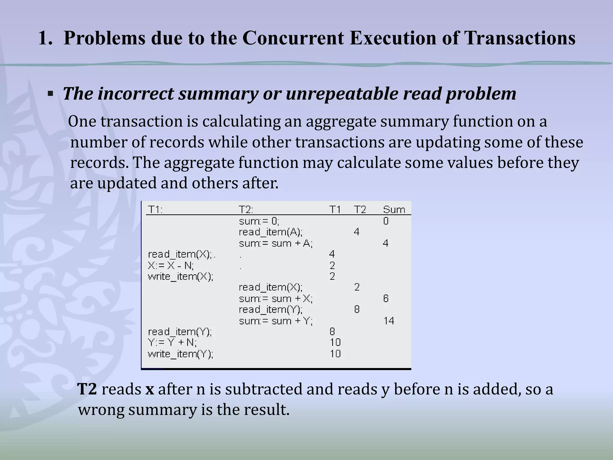 1. Problems due to the Concurrent Execution of Transactions
▪ The incorrect summary or unrepeatable read problem
One transaction is calculating an aggregate summary function on a
number of records while other transactions are updating some of these
records. The aggregate function may calculate some values before they
are updated and others after.

T2 reads x after n is subtracted and reads y before n is added, so a
wrong summary is the result.

 