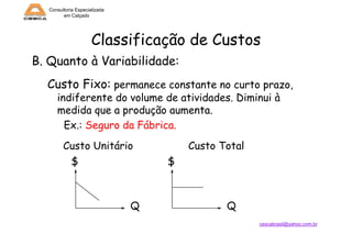 Consultoria Especializada
em Calçado

Classificação de Custos
B. Quanto à Variabilidade:
Custo Fixo: permanece constante no curto prazo,
indiferente do volume de atividades. Diminui à
medida que a produção aumenta.
Ex.: Seguro da Fábrica.
Custo Unitário
$

Custo Total
$

Q

Q
cescabrasil@yahoo.com.br

 