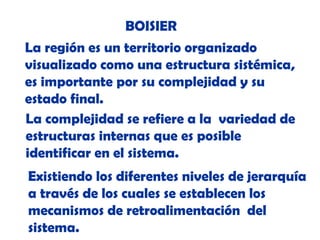 BOISIER
La región es un territorio organizado
visualizado como una estructura sistémica,
es importante por su complejidad y su
estado final.
La complejidad se refiere a la variedad de
estructuras internas que es posible
identificar en el sistema.
Existiendo los diferentes niveles de jerarquía
a través de los cuales se establecen los
mecanismos de retroalimentación del
sistema.

 