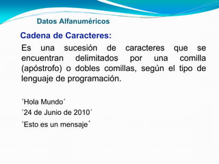 Datos Alfanuméricos
Cadena de Caracteres:
Es una sucesión de caracteres que se
encuentran delimitados por una comilla
(apóstrofo) o dobles comillas, según el tipo de
lenguaje de programación.
´Hola Mundo´
´24 de Junio de 2010´
´Esto es un mensaje´
 
