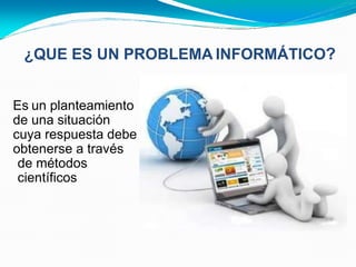 ¿QUE ES UN PROBLEMA INFORMÁTICO?
• Es un planteamiento
de una situación
cuya respuesta debe
obtenerse a través
de métodos
científicos
 