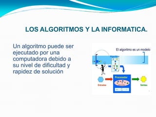 LOS ALGORITMOS Y LA INFORMATICA.
• Un algoritmo puede ser
ejecutado por una
computadora debido a
su nivel de dificultad y
rapidez de solución
 