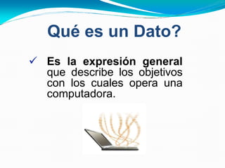 Qué es un Dato?
 Es la expresión general
que describe los objetivos
con los cuales opera una
computadora.
 