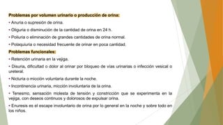 Problemas por volumen urinario o producción de orina:
• Anuria o supresión de orina.
• Oliguria o disminución de la cantidad de orina en 24 h.
• Poliuria o eliminación de grandes cantidades de orina normal.
• Polaquiuria o necesidad frecuente de orinar en poca cantidad.
Problemas funcionales:
• Retención urinaria en la vejiga.
• Disuria, dificultad o dolor al orinar por bloqueo de vías urinarias o infección vesical o
ureteral.
• Nicturia o micción voluntaria durante la noche.
• Incontinencia urinaria, micción involuntaria de la orina.
• Tenesmo, sensación molesta de tensión y constricción que se experimenta en la
vejiga, con deseos continuos y dolorosos de expulsar orina.
• Enuresis es el escape involuntario de orina por lo general en la noche y sobre todo en
los niños.
 
