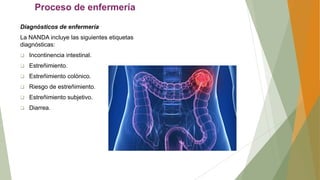 Proceso de enfermería
Diagnósticos de enfermería
La NANDA incluye las siguientes etiquetas
diagnósticas:
 Incontinencia intestinal.
 Estreñimiento.
 Estreñimiento colónico.
 Riesgo de estreñimiento.
 Estreñimiento subjetivo.
 Diarrea.
 