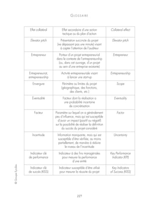 GL O S S A I R E 
Effet collatéral Effet secondaire d’une action 
tactique ou du plan d’action 
© Groupe Eyrolles 227 
Collateral effect 
Elevator pitch Présentation succincte du projet 
(ne dépassant pas une minute) visant 
à capter l’attention de l’auditeur 
Elevator pitch 
Entrepreneur Porteur d’un projet entrepreneurial 
dans le contexte de l’entrepreneurship 
(ou, dans cet ouvrage, d’un projet 
au sein d’une entreprise existante) 
Entrepreneur 
Entrepreneuriat, 
entrepreneurship 
Activité entrepreneuriale visant 
à lancer une start-up 
Entrepreneurship 
Envergure Périmètre ou limites du projet 
(géographique, des fonctions, 
des clients, etc.) 
Scope 
Éventualité Facteur dont la réalisation a 
une probabilité incertaine 
de concrétisation 
Eventuality 
Facteur Paramètre sur lequel on a généralement 
peu d’influence, mais qui est susceptible 
d’avoir un impact (positif ou négatif) 
sur la possibilité de réaliser la définition 
du succès du projet considéré 
Factor 
Incertitude Information manquante, mais qui est 
susceptible d’être vérifiée, au moins 
partiellement, de manière à réduire 
le niveau de l’incertitude 
Uncertainty 
Indicateur clé 
de performance 
Indicateur à des fins managériales 
pour mesurer la performance 
d’une entité 
Key Performance 
Indicator (KPI) 
Indicateur clé 
de succès (KISS) 
Indicateur susceptible d’être utilisé 
pour mesurer la réussite du projet 
Key Indicators 
of Success (KISS) 
 