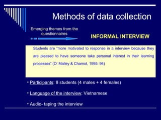 Methods of data collection Students are “more motivated to response in a interview because they are pleased to have someone take personal interest in their learning processes” (O’ Malley & Chamot, 1995: 94) INFORMAL INTERVIEW Participants : 8 students (4 males + 4 females) Language of the interview : Vietnamese Audio- taping the interview Emerging themes from the questionnaires 