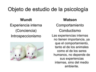 Objeto de estudio de la psicología
Wundt
Experiencia interna
(Conciencia)
Introspeccionismo
Watson
Comportamiento
Conductismo
Las experiencias internas
no tienen importancia, ya
que el comportamiento,
tanto el de los animales
como el de los seres
humanos, no depende de
sus experiencias
internas, sino del medio
ambiente.
 