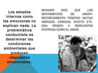 SKINNER DICE QUE LOS
SENTIMIENTOS DE AMOR=
REFORZAMIENTO POSITIVO MUTUO
ABRAZOS, CARICIAS, AFECTO ETC.
DAN ORIGEN A RESPUESTAS
INTERNAS COMO EL AMOR.
Los estados
internos como
las emociones no
explican nada. La
problemática
conductista es
determinar las
condiciones
ambientales que
producen
respuestas
emocionales.
 