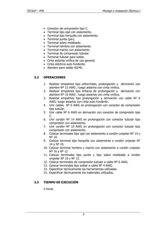 TECSUP – PFR Montaje e Instalación Eléctrica I
9
• Conector de compresión tipo C.
• Terminal tipo ojal con aislamiento.
• Terminal tipo horquilla con aislamiento.
• Terminal punta (pin).
• Terminal sobre moldeado.
• Terminal hembra con aislamiento.
• Terminal macho con aislamiento.
• Terminal de compresión tubular.
• Terminal tubular para soldar.
• Cinta aislante vinílica de uso general.
• Cinta eléctrica auto fundente.
• Alambre para soldar 60/40.
3.2 OPERACIONES
1. Realizar empalmes tipo entorchado, prolongación y derivación con
alambre Nº 12 AWG ; luego aislarlos con cinta vinílica.
2. Realizar empalmes tipo britania de prolongación y derivación con
alambre Nº 10 AWG ; luego aislarlos con cinta vinílica.
3. Realizar empalmes tipo prolongación y derivación con cable Nº 6
AWG; luego aislarlos con cinta auto fundente.
4. Unir cables Nº 6 AWG en prolongación con conector de compresión
tipo tubular.
5. Unir cable Nº 6 AWG en derivación con conector de compresión tipo
C.
6. Unir cordón Nº 14 AWG en prolongación con conector tubular tipo
compresión con aislamiento.
7. Unir cordón Nº 10 AWG en prolongación con conector tubular tipo
compresión con aislamiento.
8. Colocar terminales tipo ojal con aislamiento a cordón unipolar Nº 14 y
Nº 10.
9. Colocar terminal tipo horquilla con aislamiento a cordón unipolar Nº
14 y Nº 10.
10. Colocar terminal hembra y macho con aislamiento a cordón unipolar
Nº 16 y Nº 12.
11. Colocar terminales tipo punta y tipo sobre moldeado a cordón
unipolar Nº 16 y Nº 12.
12. Colocar terminales de compresión tubular a cable Nº 6 AWG.
13. Colocar terminales tipo soldar a cable Nº 4 AWG.
14. Especificar técnicamente las herramientas utilizadas.
15. Especificar técnicamente los materiales utilizados.
3.3 TIEMPO DE EJECUCIÓN
5 horas
 