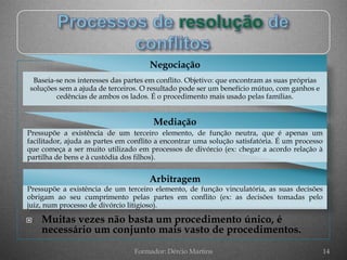 Negociação
 Baseia-se nos interesses das partes em conflito. Objetivo: que encontram as suas próprias
soluções sem a ajuda de terceiros. O resultado pode ser um benefício mútuo, com ganhos e
        cedências de ambos os lados. É o procedimento mais usado pelas famílias.


                                       Mediação
Pressupõe a existência de um terceiro elemento, de função neutra, que é apenas um
facilitador, ajuda as partes em conflito a encontrar uma solução satisfatória. É um processo
que começa a ser muito utilizado em processos de divórcio (ex: chegar a acordo relação à
partilha de bens e à custódia dos filhos).


                                      Arbitragem
Pressupõe a existência de um terceiro elemento, de função vinculatória, as suas decisões
obrigam ao seu cumprimento pelas partes em conflito (ex: as decisões tomadas pelo
juiz, num processo de divórcio litigioso).

   Muitas vezes não basta um procedimento único, é
    necessário um conjunto mais vasto de procedimentos.
                                 Formador: Dércio Martins                                      14
 