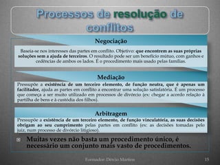 Negociação
 Baseia-se nos interesses das partes em conflito. Objetivo: que encontrem as suas próprias
soluções sem a ajuda de terceiros. O resultado pode ser um benefício mútuo, com ganhos e
         cedências de ambos os lados. É o procedimento mais usado pelas famílias.


                                       Mediação
Pressupõe a existência de um terceiro elemento, de função neutra, que é apenas um
facilitador, ajuda as partes em conflito a encontrar uma solução satisfatória. É um processo
que começa a ser muito utilizado em processos de divórcio (ex: chegar a acordo relação à
partilha de bens e à custódia dos filhos).


                                      Arbitragem
Pressupõe a existência de um terceiro elemento, de função vinculatória, as suas decisões
obrigam ao seu cumprimento pelas partes em conflito (ex: as decisões tomadas pelo
juiz, num processo de divórcio litigioso).

   Muitas vezes não basta um procedimento único, é
    necessário um conjunto mais vasto de procedimentos.
                                 Formador: Dércio Martins                                      15
 